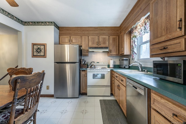 kitchen featuring brown cabinets, stainless steel appliances, backsplash, a sink, and under cabinet range hood