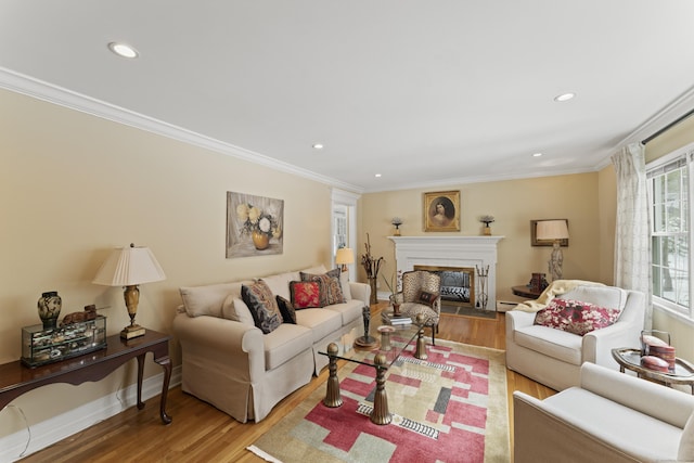 living room with a glass covered fireplace, crown molding, and wood finished floors