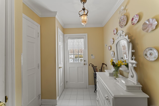 entryway featuring baseboards, crown molding, and light tile patterned flooring