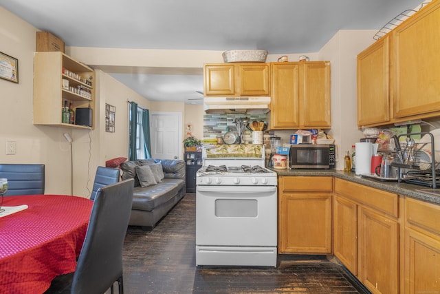 kitchen featuring under cabinet range hood, white range with gas stovetop, dark wood-style flooring, stainless steel microwave, and dark countertops