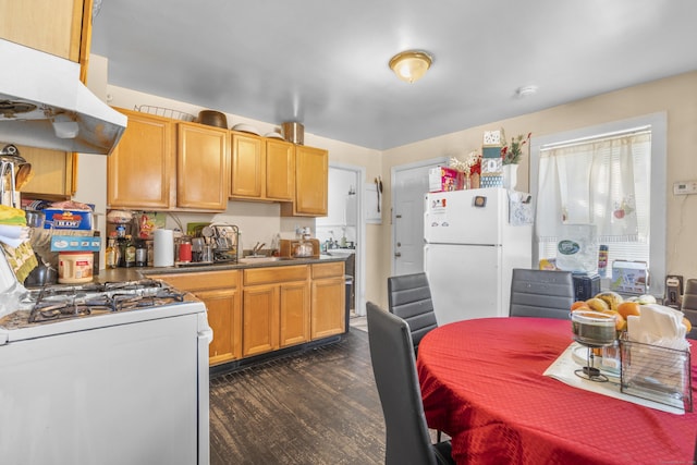 kitchen with white appliances, dark wood finished floors, under cabinet range hood, and a sink