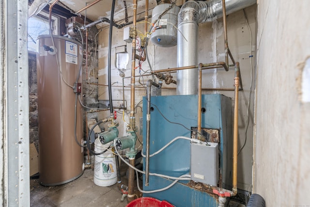 utility room featuring water heater and a heating unit