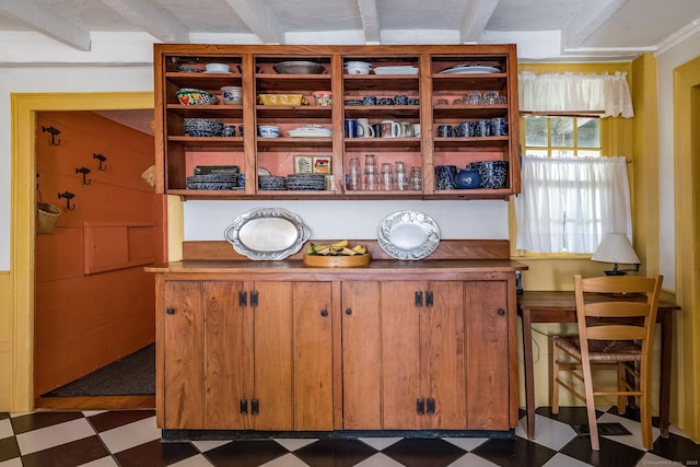 579 Taugwonk Rd, Stonington, CT 06378 - detailed view of tile patterned floors and beamed ceiling