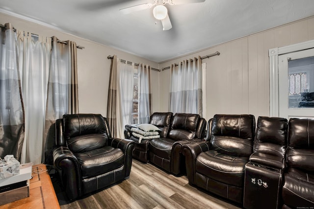 cinema featuring wood finished floors and a ceiling fan