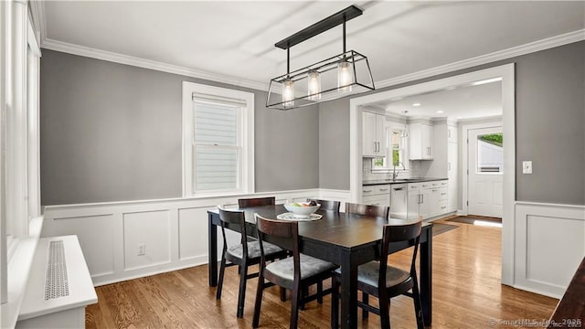 dining room with a wainscoted wall, ornamental molding, a decorative wall, and wood finished floors