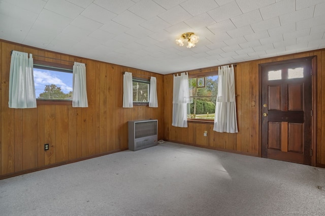 spare room with wooden walls, baseboards, and carpet flooring