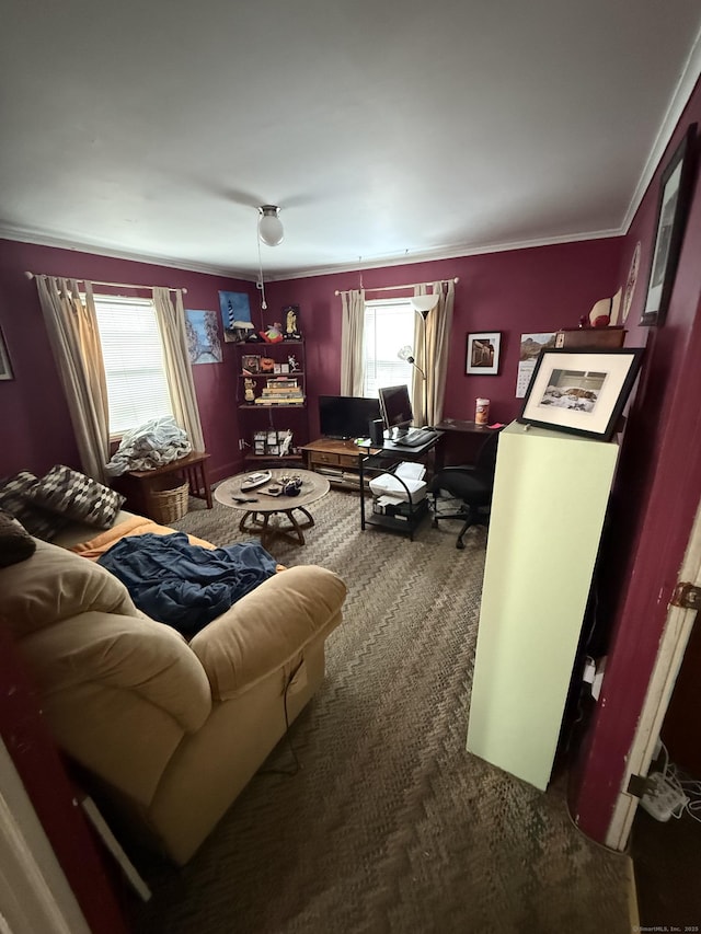 carpeted living room featuring crown molding