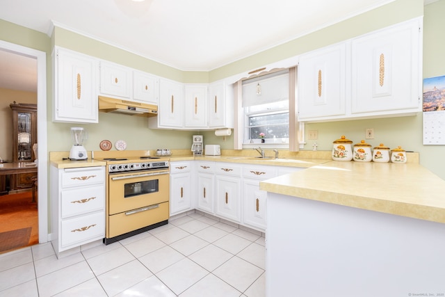 kitchen featuring under cabinet range hood, electric range, white cabinetry, and a sink