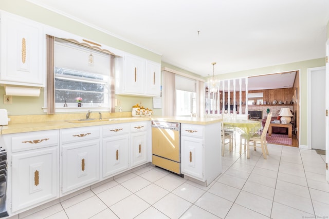 kitchen featuring a sink, white cabinetry, a peninsula, light countertops, and dishwasher