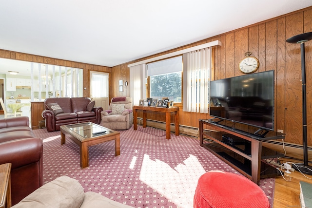 living room with a baseboard radiator and wooden walls