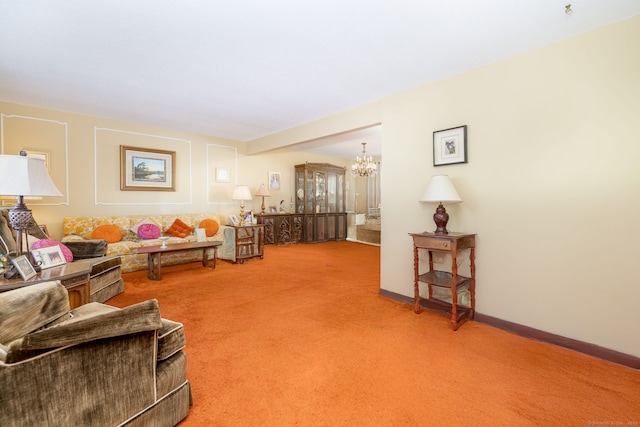 carpeted living area with an inviting chandelier and baseboards