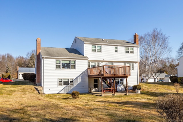 rear view of house with a chimney, stairs, a deck, a patio area, and a lawn