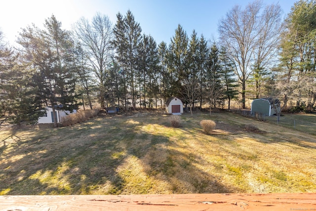 view of yard with an outbuilding, a storage unit, and fence