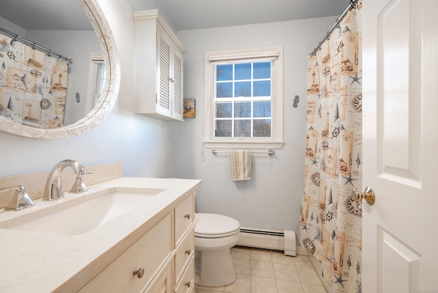 bathroom featuring tile patterned floors, toilet, curtained shower, baseboard heating, and vanity