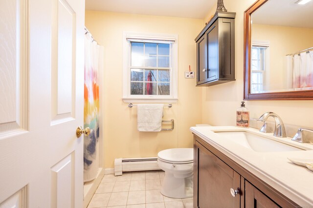 bathroom featuring toilet, a baseboard heating unit, a shower with shower curtain, tile patterned flooring, and vanity