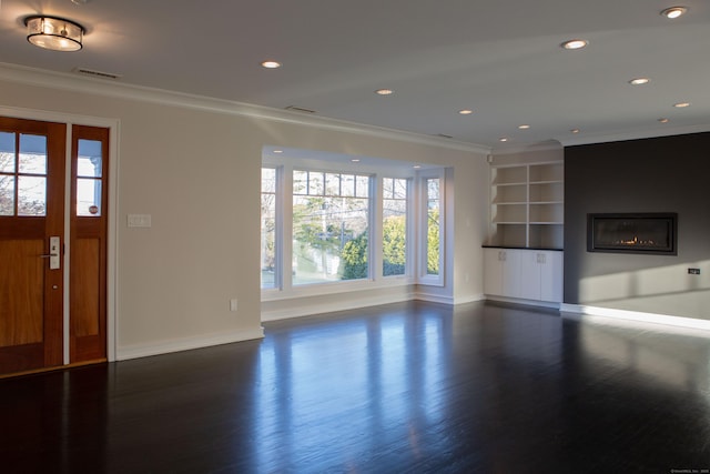 9 Schiller Rd, Fairfield, CT 06825 - unfurnished living room featuring recessed lighting, visible vents, dark wood-type flooring, and ornamental molding