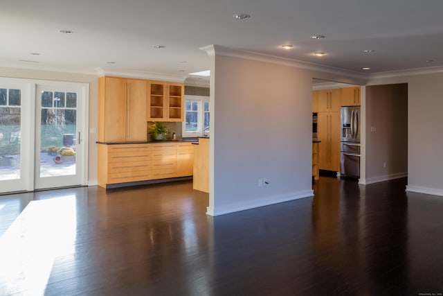 9 Schiller Rd, Fairfield, CT 06825 - unfurnished living room featuring dark wood-type flooring, recessed lighting, crown molding, and baseboards