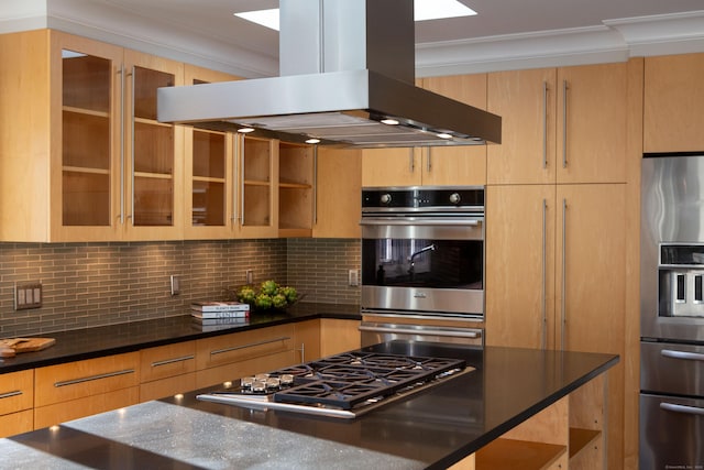 9 Schiller Rd, Fairfield, CT 06825 - kitchen featuring island exhaust hood, backsplash, appliances with stainless steel finishes, and ornamental molding
