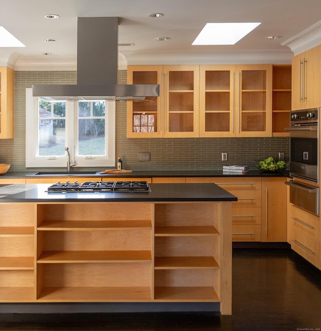 9 Schiller Rd, Fairfield, CT 06825 - kitchen with open shelves, light brown cabinetry, stainless steel appliances, a warming drawer, and island range hood
