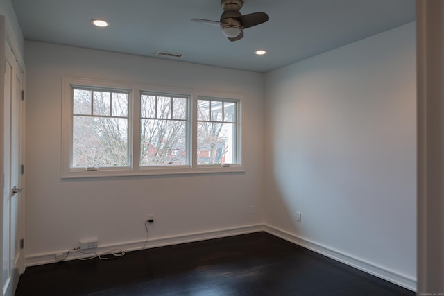 9 Schiller Rd, Fairfield, CT 06825 - unfurnished room with dark wood-type flooring, recessed lighting, visible vents, and ceiling fan