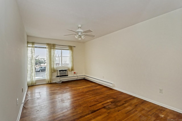 unfurnished room featuring a wall mounted air conditioner, ceiling fan, baseboards, and hardwood / wood-style flooring