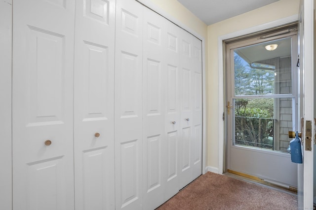 doorway to outside with carpet floors