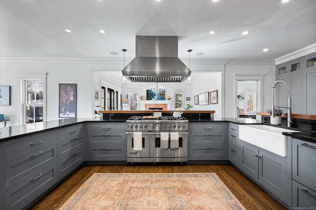 31 Birch Hill Rd, Lyme, CT 06371 - kitchen with range with two ovens, gray cabinets, a sink, island range hood, and crown molding