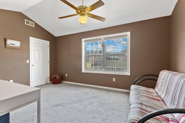 sitting room with visible vents, baseboards, lofted ceiling, ceiling fan, and carpet flooring