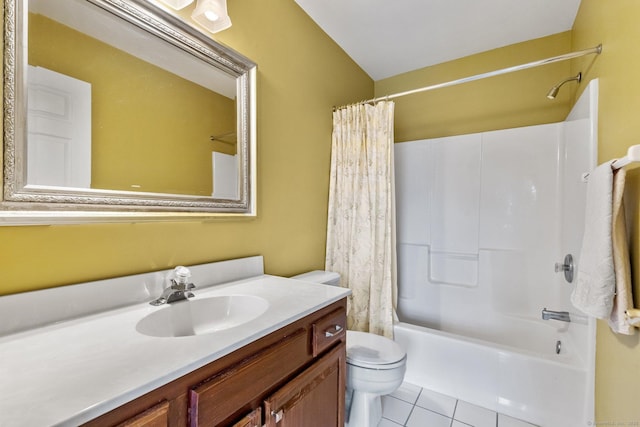 full bathroom with vanity, shower / tub combo with curtain, toilet, and tile patterned flooring