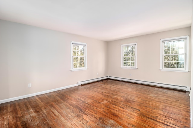 spare room featuring hardwood / wood-style floors, plenty of natural light, a baseboard radiator, and baseboards