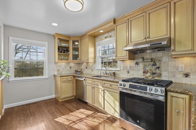 kitchen with stainless steel appliances, dark wood-type flooring, a sink, under cabinet range hood, and baseboards