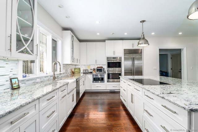 kitchen with dark wood finished floors, decorative backsplash, light stone countertops, stainless steel appliances, and white cabinetry