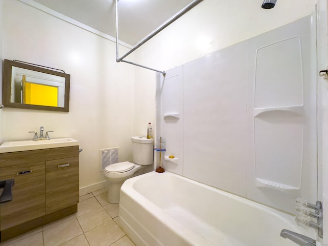 full bath with visible vents, toilet, tile patterned flooring, vanity, and washtub / shower combination