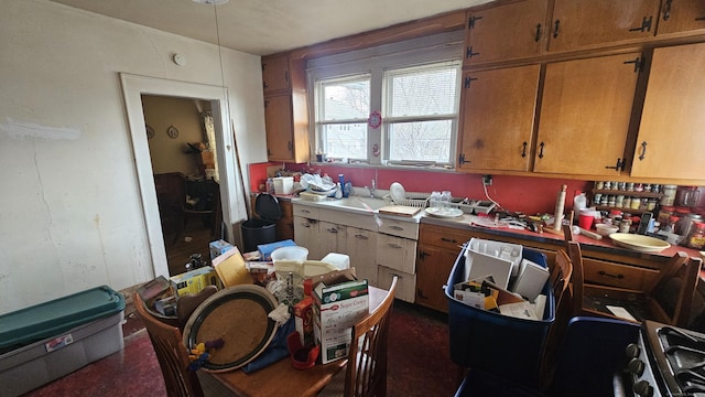 kitchen featuring brown cabinetry and a sink