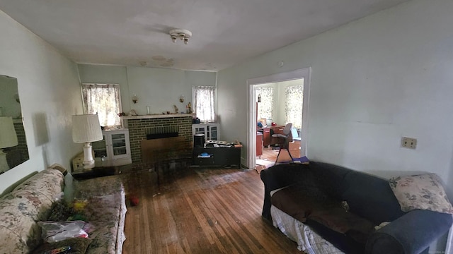 living room with a healthy amount of sunlight, a fireplace, and wood finished floors