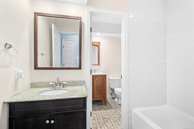 full bathroom with shower / bath combination, toilet, a sink, tile patterned flooring, and two vanities