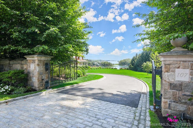 view of gate featuring a lawn