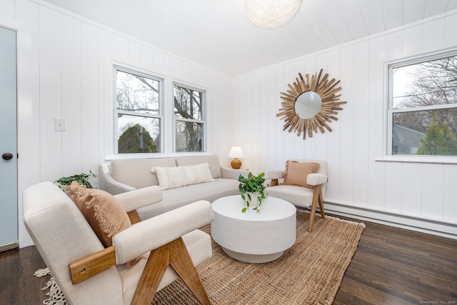 living area with baseboard heating and dark wood-style floors