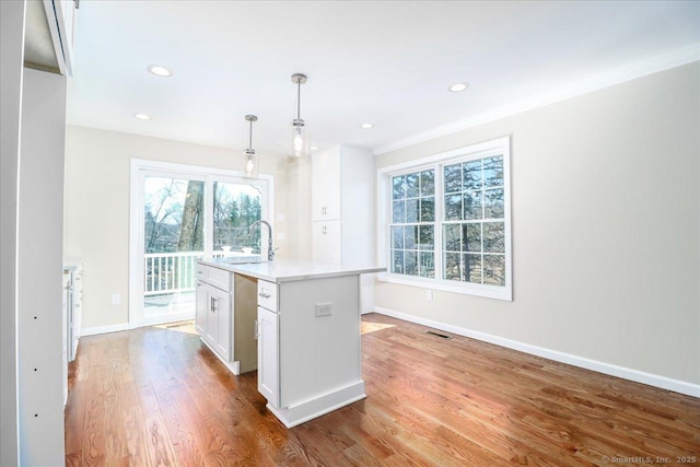 kitchen featuring white cabinets, a sink, an island with sink, wood finished floors, and baseboards