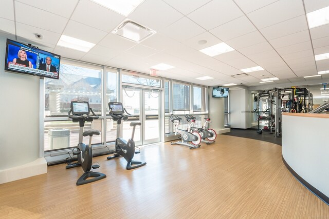 exercise room with a wall of windows, a paneled ceiling, baseboards, and wood finished floors