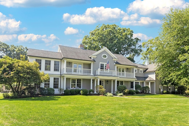 view of front of property featuring a chimney, a front yard, and a balcony