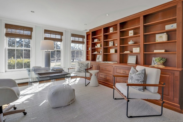 living area featuring baseboard heating and wood finished floors