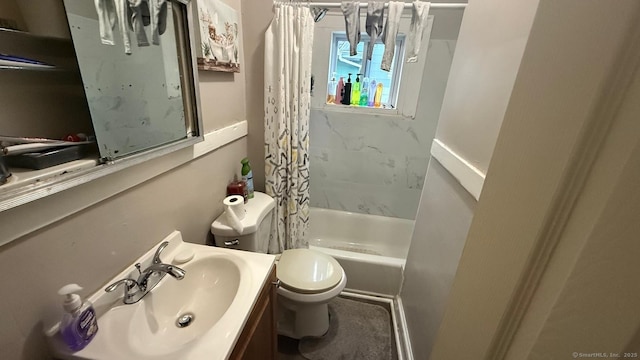 full bath with vanity, toilet, and shower / bathtub combination with curtain