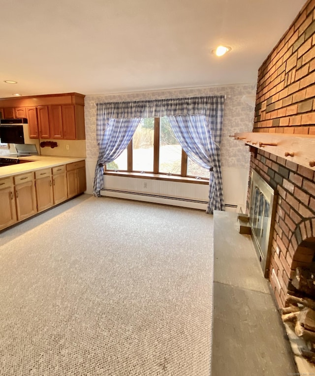 unfurnished living room featuring light carpet, a brick fireplace, and a baseboard radiator