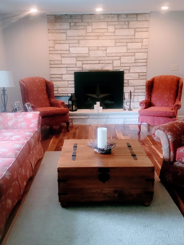 living room featuring a fireplace and wood finished floors