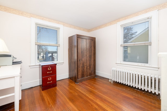 bedroom featuring multiple windows, radiator, baseboards, and hardwood / wood-style flooring