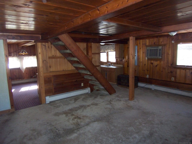 below grade area with carpet floors, a baseboard radiator, a wealth of natural light, a baseboard heating unit, and wooden walls