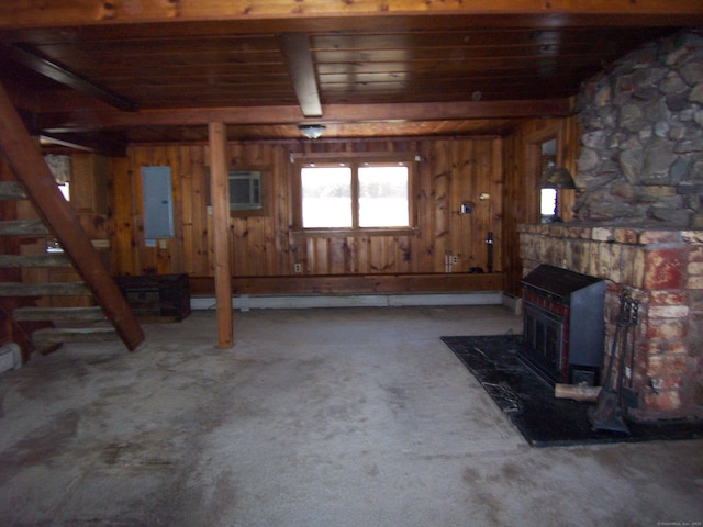 basement with wood ceiling, wood walls, stairs, and electric panel