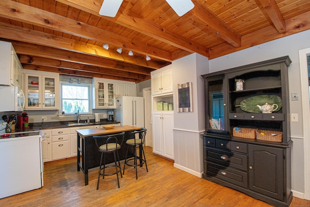 kitchen featuring white appliances, wood ceiling, light wood finished floors, and a sink