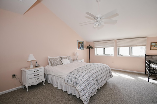 bedroom featuring vaulted ceiling, carpet, a ceiling fan, and baseboards